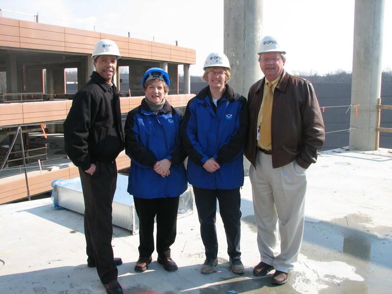 NOAA visitors to the building site: from left to right, Mike Stewart, Sue Perrotta, Laurie Morone and Ron Warren