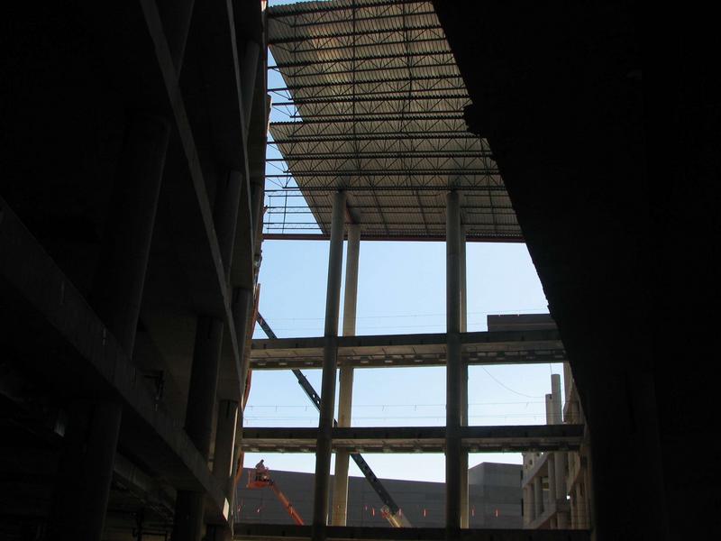 View from inside the atrium looking up towards its roof.