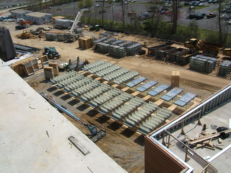 Overhead view of windows being prepared for front of building