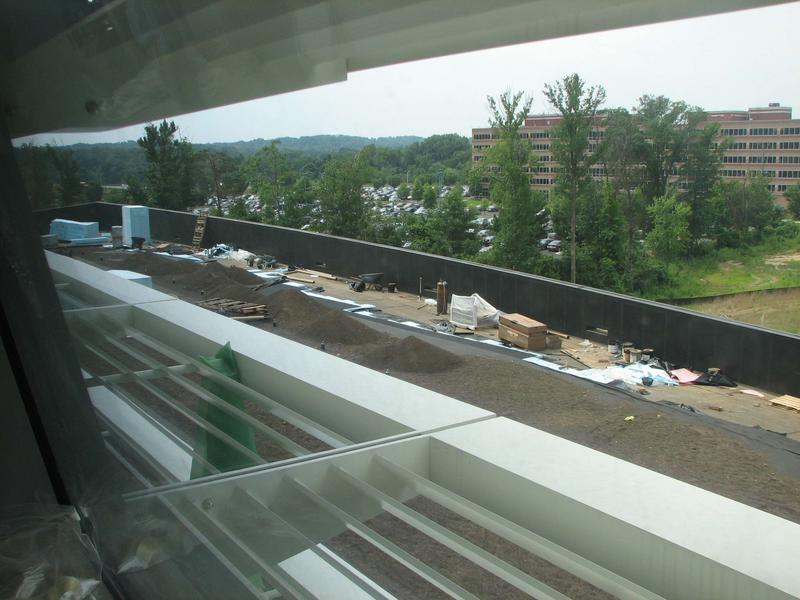 Roof of two story section showing beginning of installation of green roof