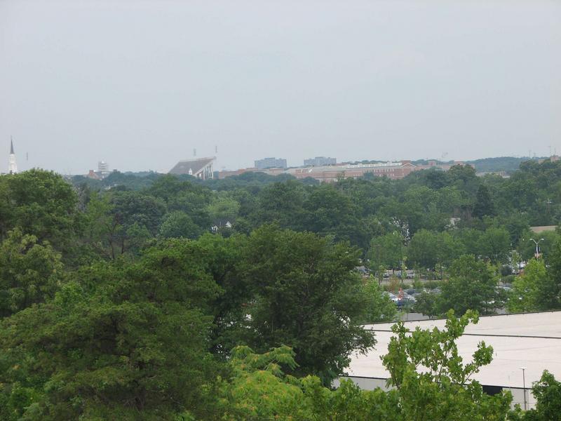 View towards the northeast from the rooftop. UMD's football stadium is visible in the center.