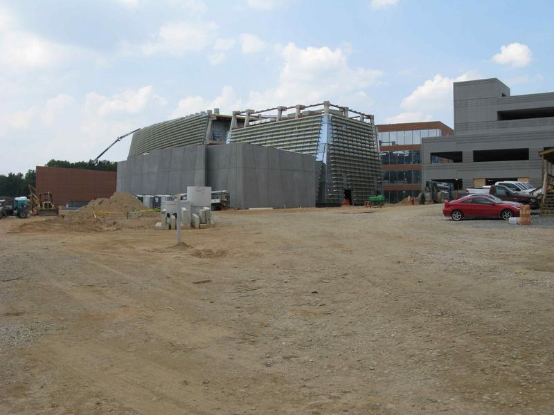 Entire building site with data center section on left and parking garage on right