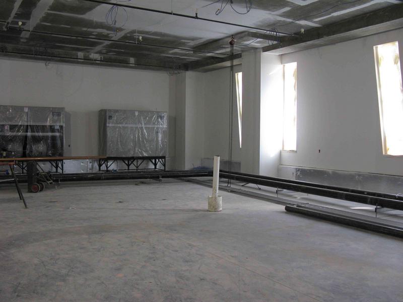 First floor data center - note pipes which will be below the raised floor