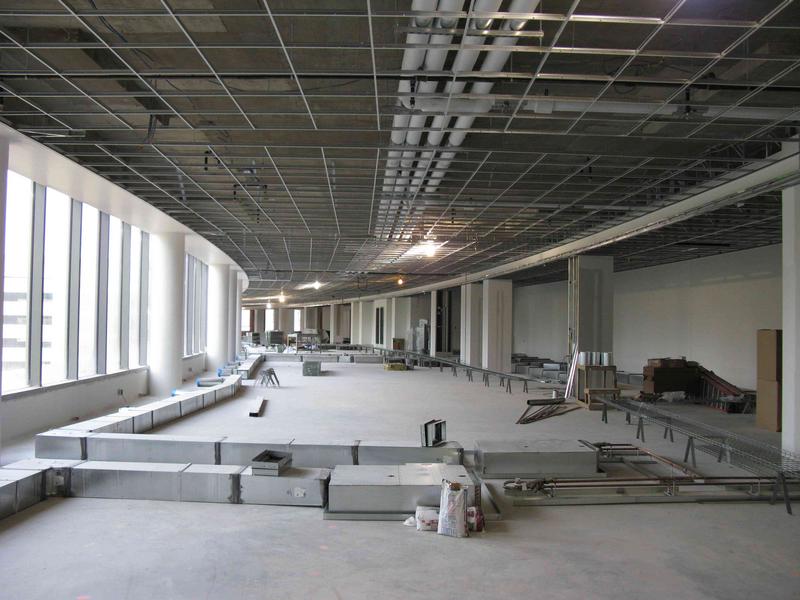 Second floor north wing (EMC area)- note ducts for moving air and trays for running wires which will be below the raised floor. Note also the grids for the drop ceiling.